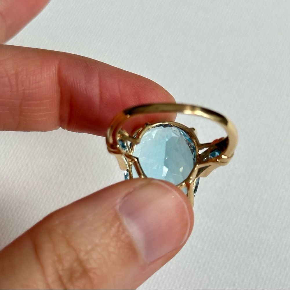 14K Gold Sky Blue Topaz Cocktail Ring Statement Jewelry - Picture 4 of 8